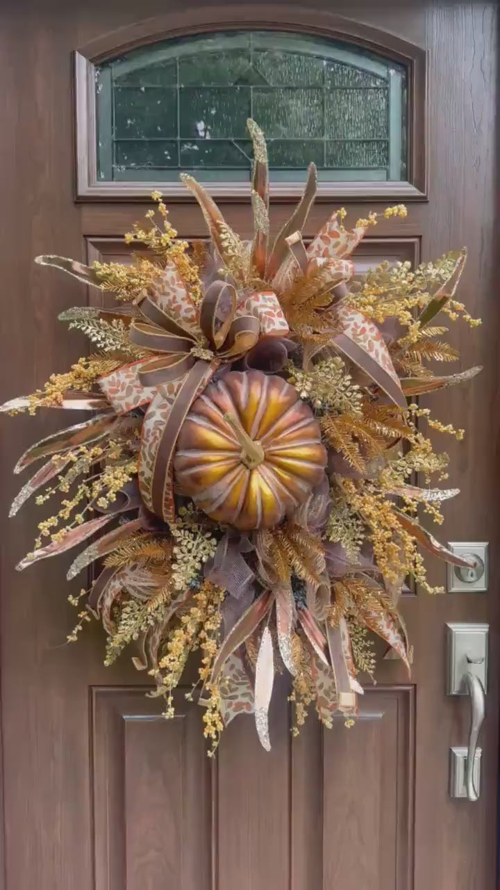 Elegant Fall Pumpkin Wreath for Front Door, Glam Autumn Pumpkin Wreath for Outdoor Porch, Thanksgiving Front Door Wreath Decor, Harvest Glam