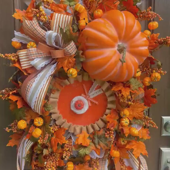 Pumpkin Pie Fall Wreath, Pumpkin Front Door Wreath, Thanksgiving Door Decor, Farmhouse Autumn Wreath, Handmade Fall Decor for Outdoor Porch