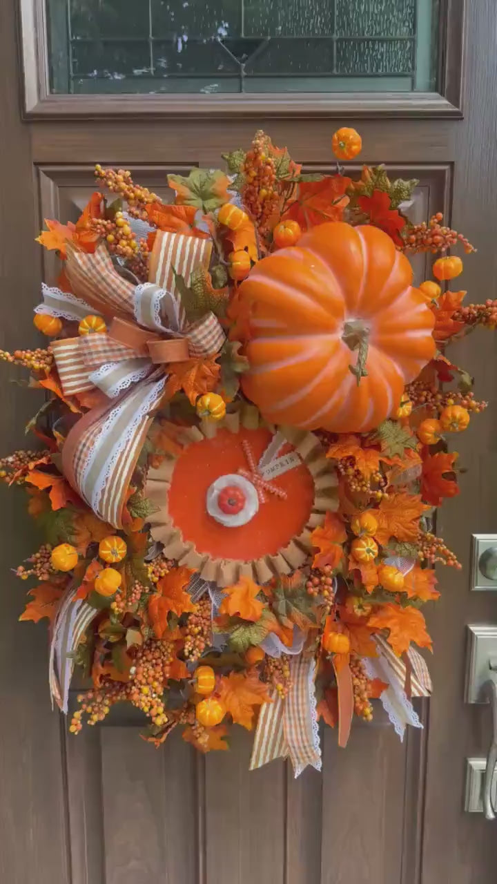 Pumpkin Pie Fall Wreath, Pumpkin Front Door Wreath, Thanksgiving Door Decor, Farmhouse Autumn Wreath, Handmade Fall Decor for Outdoor Porch