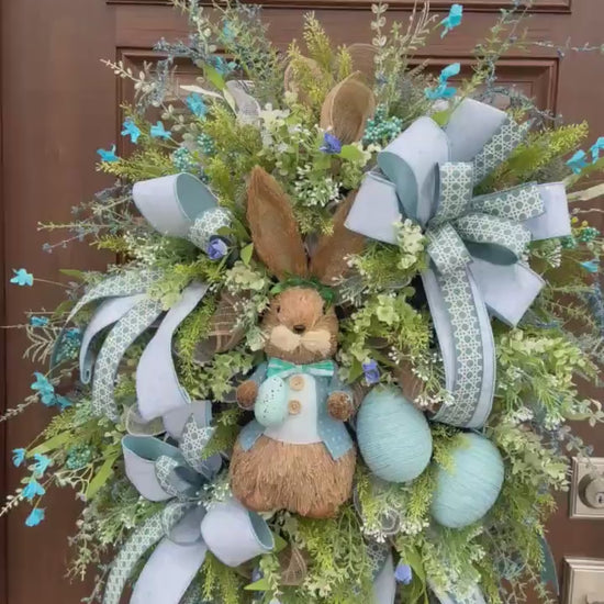 Blue Easter Bunny Wreath, Spring Floral Home Decor for Outdoor Porch or Indoor Office Wall Hanging