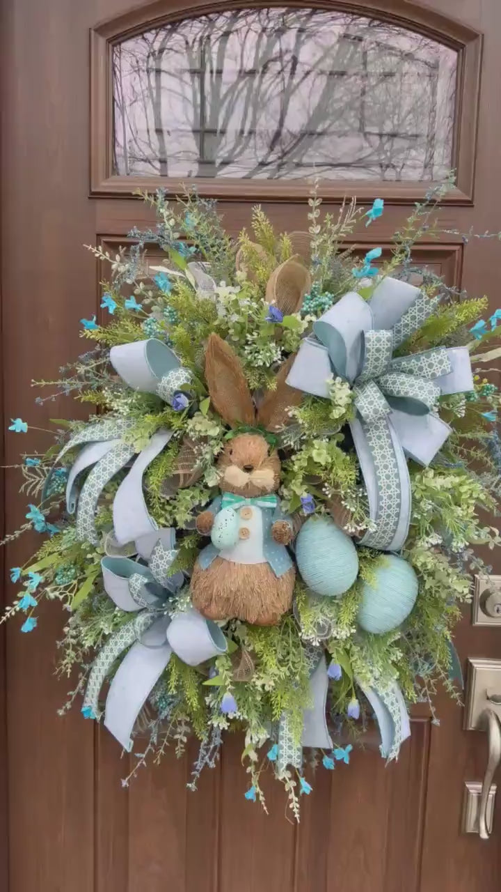 Blue Easter Bunny Wreath, Spring Floral Home Decor for Outdoor Porch or Indoor Office Wall Hanging