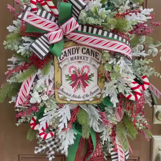 Candy Cane Wreath for Front Door, Rustic Country Candy Holiday Decor for Outdoor Porch or Indoor Office Wall Hanger, Kitchen Winter Decor