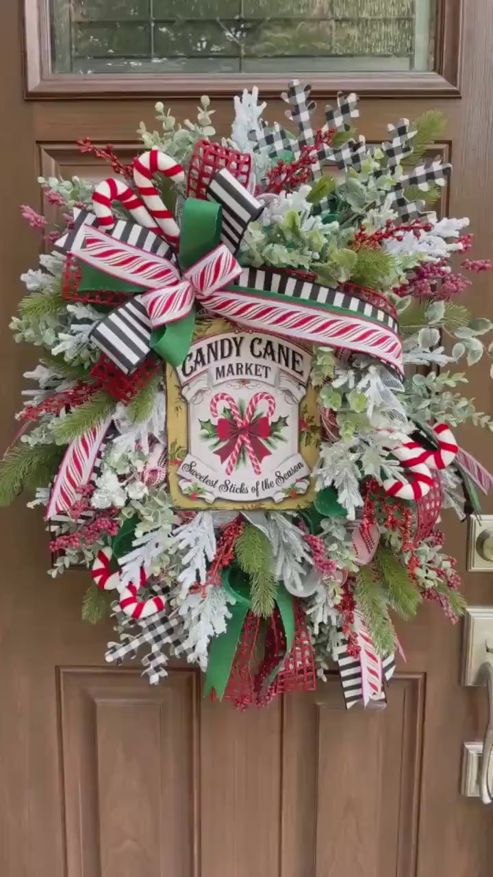 Candy Cane Wreath for Front Door, Rustic Country Candy Holiday Decor for Outdoor Porch or Indoor Office Wall Hanger, Kitchen Winter Decor
