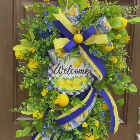 Spring Lemon Wreath for Front Door, Summer Citrus Wreath, Yellow Blue Floral Wreath, Welcome Door Hanger, Farmhouse Spring Decor