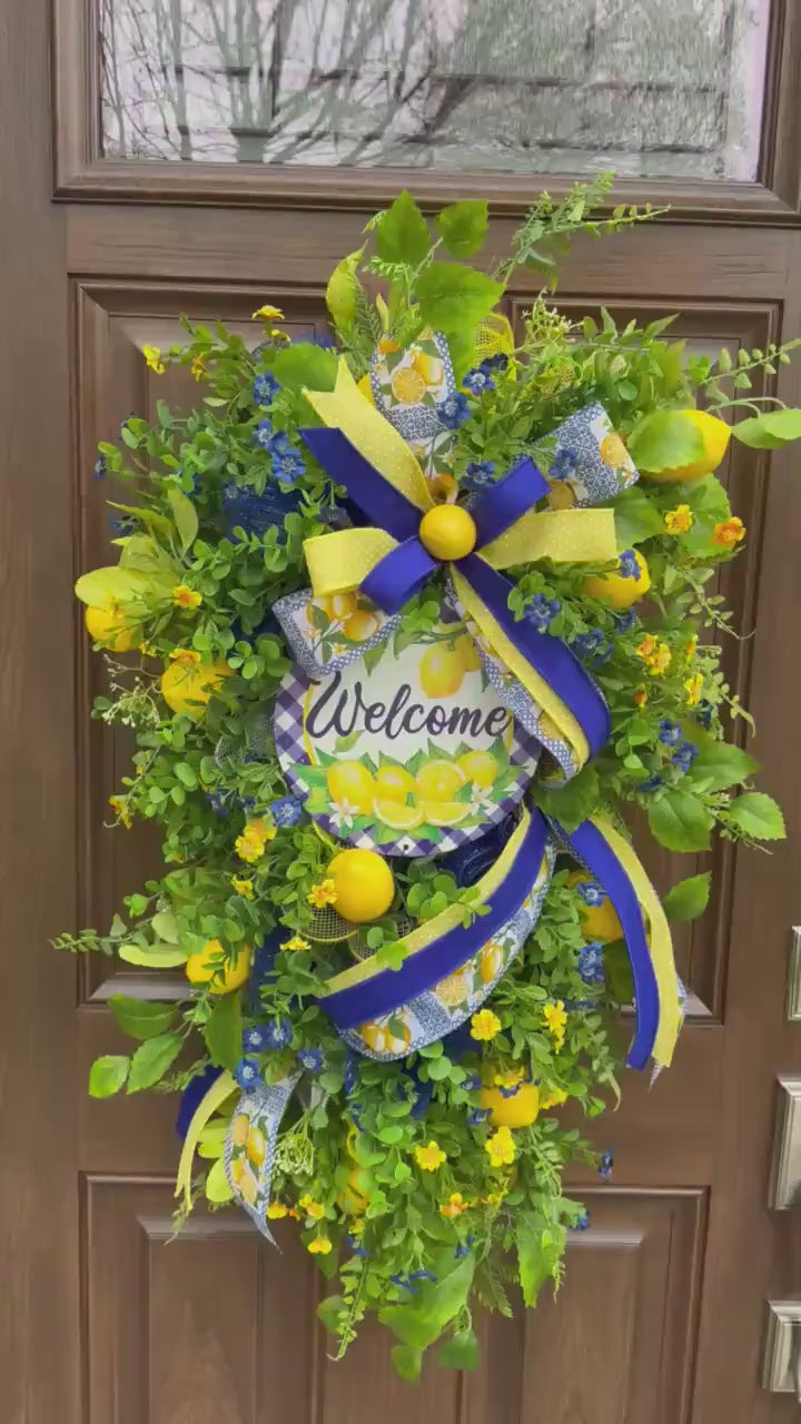 Spring Lemon Wreath for Front Door, Summer Citrus Wreath, Yellow Blue Floral Wreath, Welcome Door Hanger, Farmhouse Spring Decor