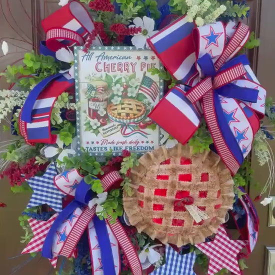Patriotic Cherry Pie Wreath, 4th of July Front Door Decor, Americana Summer Wreath, Red White Blue Rustic Farmhouse Wreath
