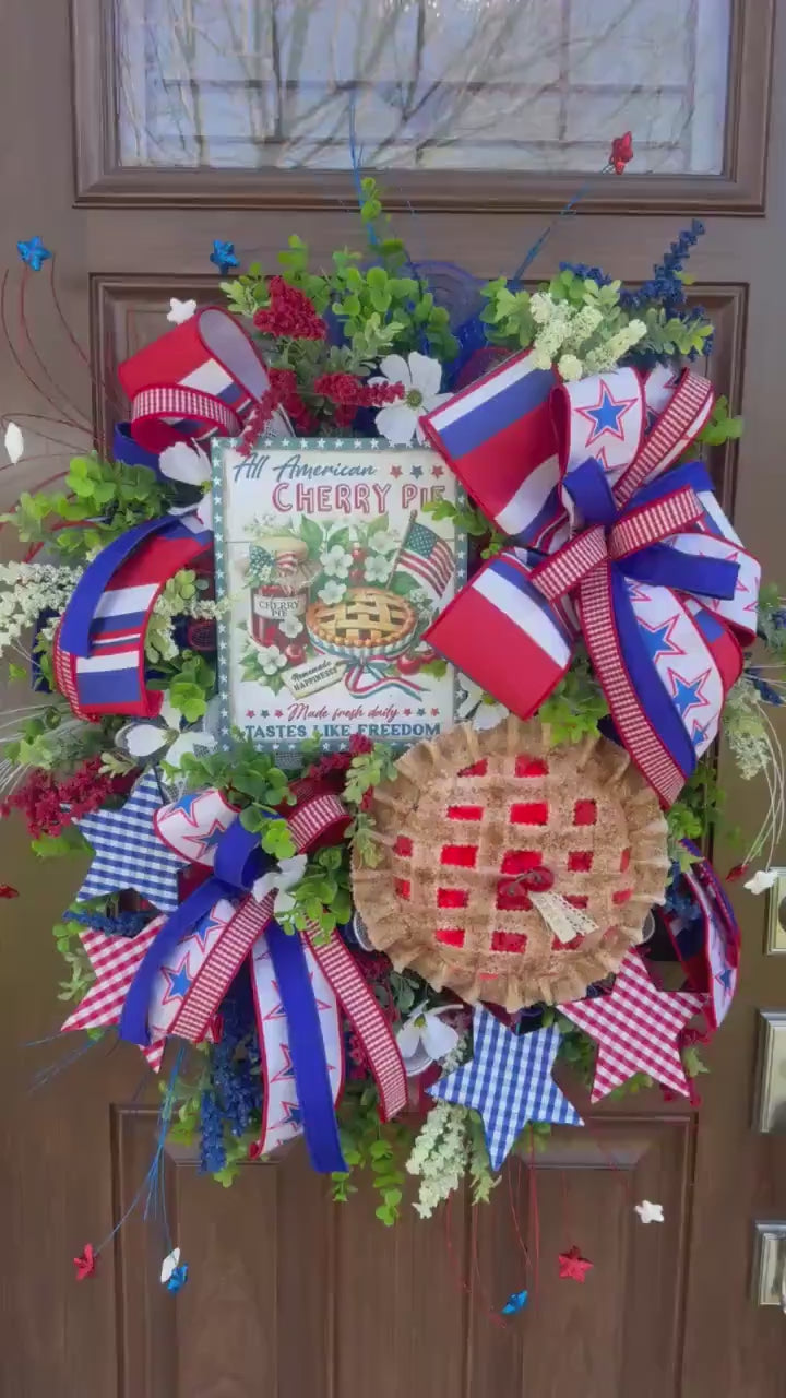 Patriotic Cherry Pie Wreath, 4th of July Front Door Decor, Americana Summer Wreath, Red White Blue Rustic Farmhouse Wreath
