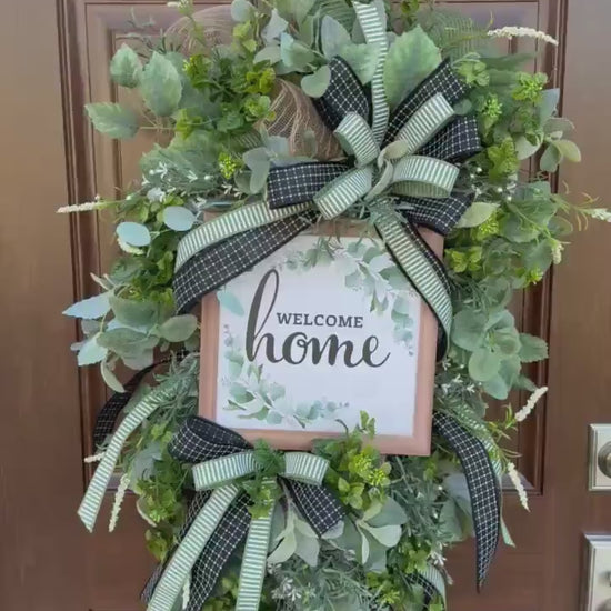 Welcome Home Wreath, Everyday Front Door Decor, Farmhouse Greenery Hanger with Welcome Sign, Year Round Door Decoration