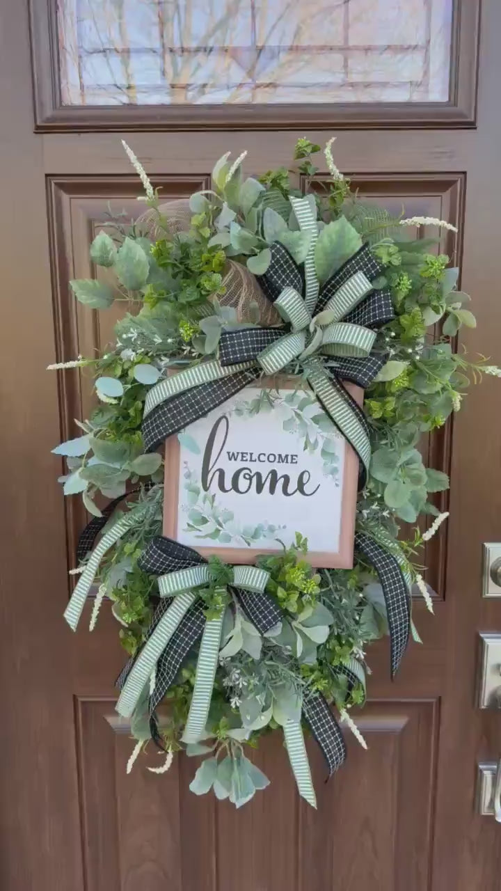 Welcome Home Wreath, Everyday Front Door Decor, Farmhouse Greenery Hanger with Welcome Sign, Year Round Door Decoration