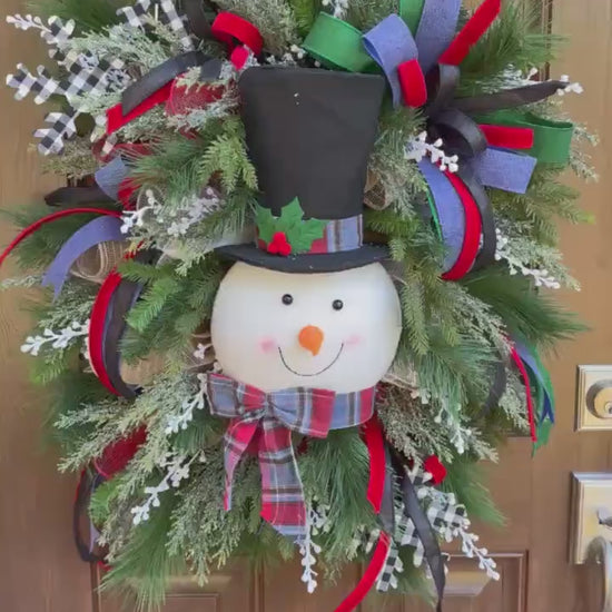 Snowman Christmas Wreath for Front Door, Winter Holiday Wreath with Top Hat, Farmhouse Christmas Decor, Snowman Wreath, Holiday Door Decor