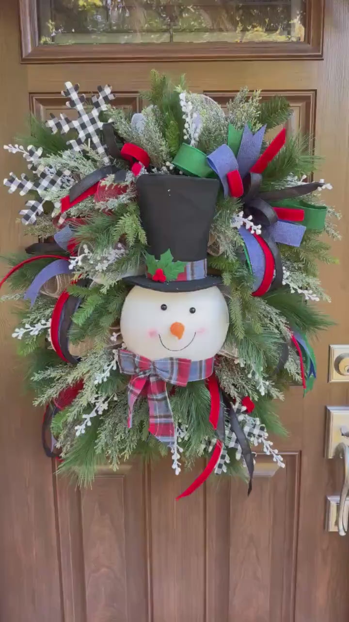 Snowman Christmas Wreath for Front Door, Winter Holiday Wreath with Top Hat, Farmhouse Christmas Decor, Snowman Wreath, Holiday Door Decor