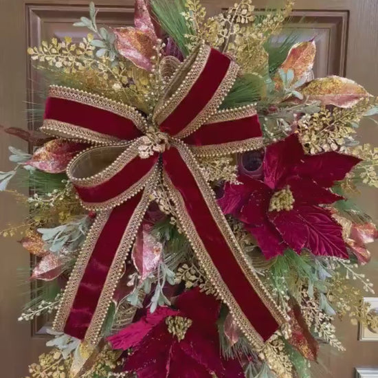 Elegant Burgundy and Gold Christmas Wreath – Velvet Bow & Poinsettias, Holiday Front Door Decor, Glamorous Winter Wreath