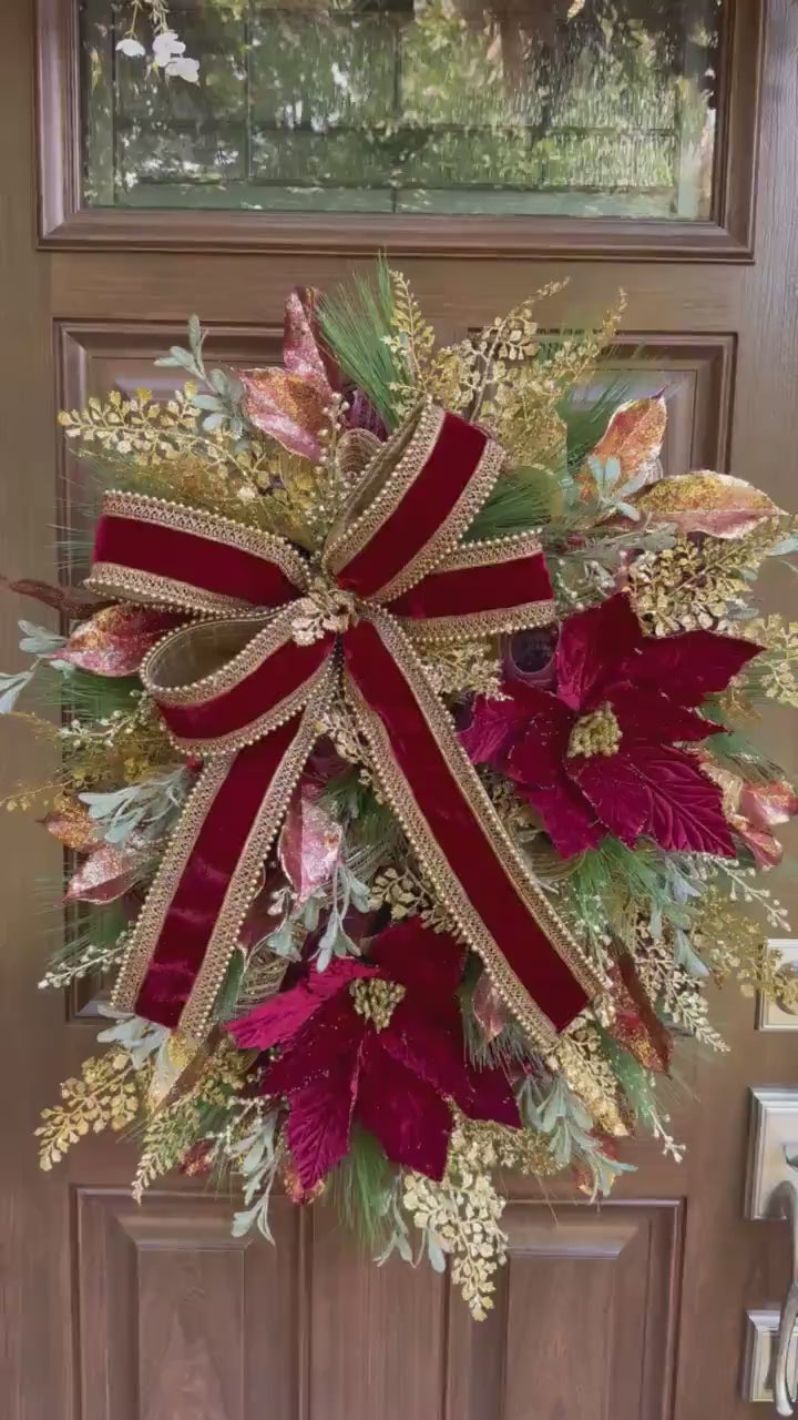 Elegant Burgundy and Gold Christmas Wreath – Velvet Bow & Poinsettias, Holiday Front Door Decor, Glamorous Winter Wreath