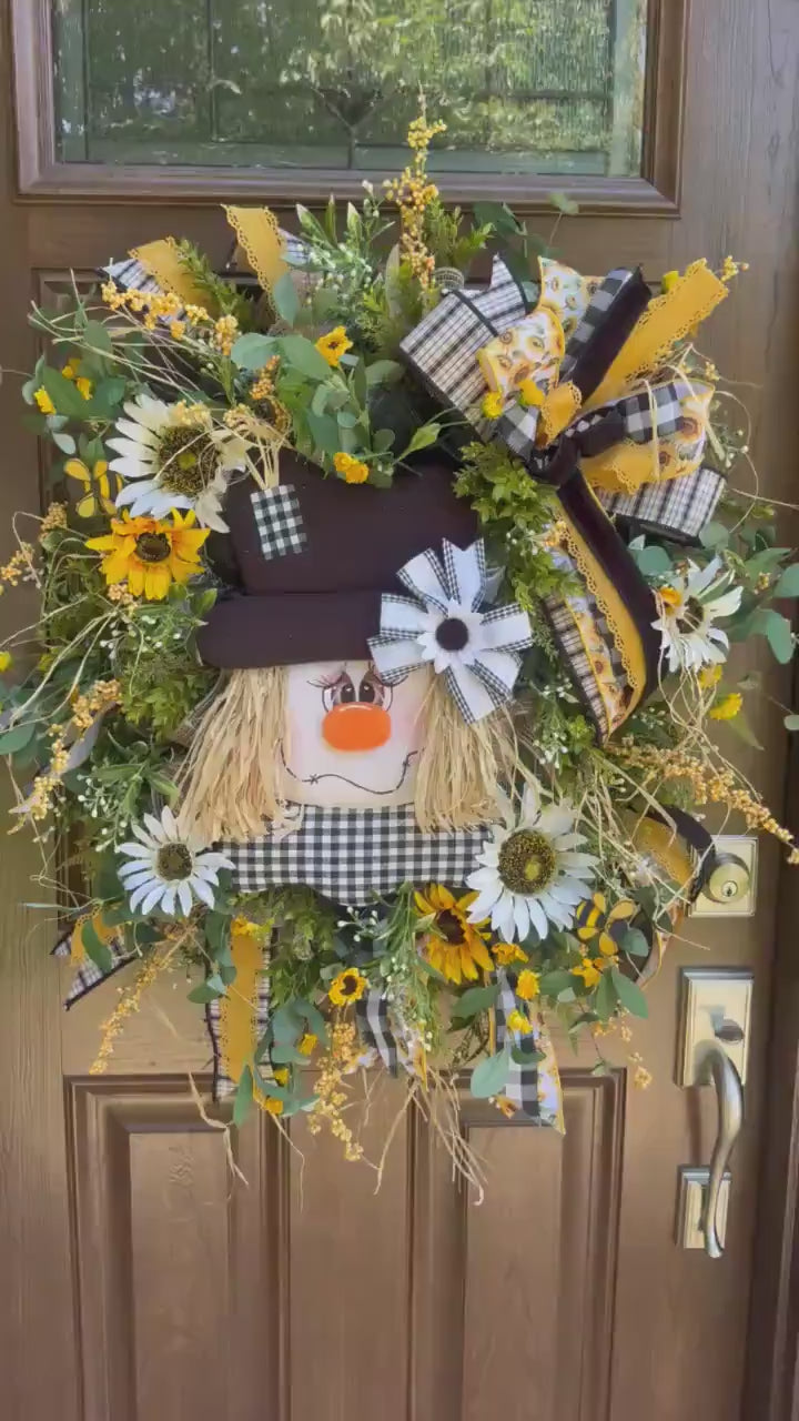 Scarecrow Fall Wreath for Front Door, Fall Home Decor, Sunflower Door Decor, Scarecrow Door Decoration, Autumn Wreath, Thanksgiving Decor
