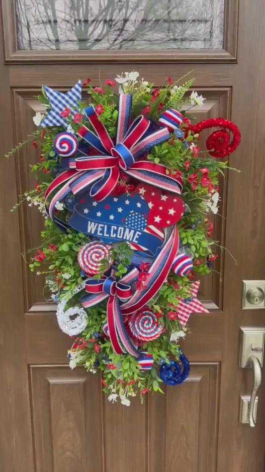 Patriotic Welcome Wreath for Front Door, 4th of July Door Decor, Summer Americana Wreath, Everyday Outdoor Porch or Indoor Office Hanging