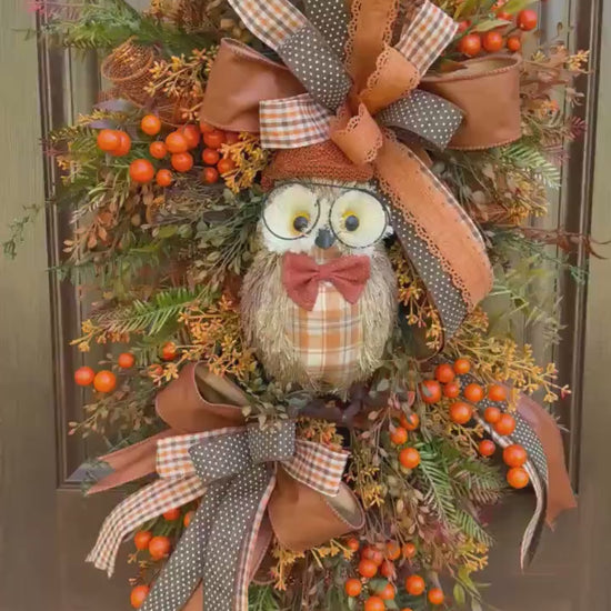 Fall Owl Wreath, Rustic Autumn Door Decor, Orange Brown Berry Swag, Farmhouse Fall Door Hanger, Woodland Owl Decor, Thanksgiving Wreath