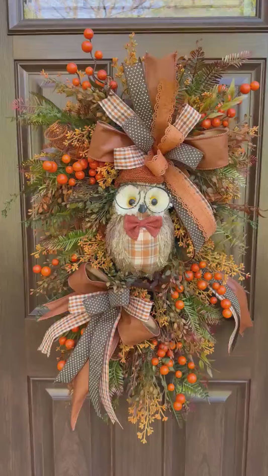 Fall Owl Wreath, Rustic Autumn Door Decor, Orange Brown Berry Swag, Farmhouse Fall Door Hanger, Woodland Owl Decor, Thanksgiving Wreath