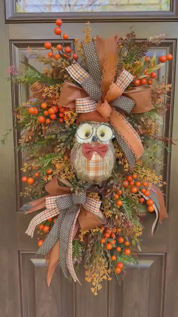 Fall Owl Wreath, Rustic Autumn Door Decor, Orange Brown Berry Swag, Farmhouse Fall Door Hanger, Woodland Owl Decor, Thanksgiving Wreath