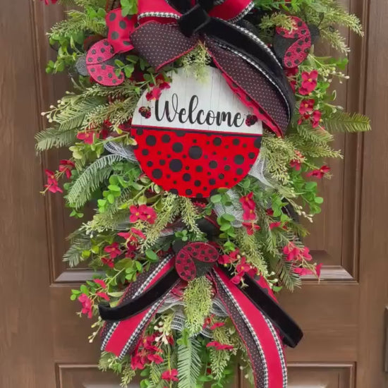 Ladybug Swag Wreath for Front Door, Spring Summer Wreath for Outdoor Porch or Indoor Office Wall Hanging, Summer Home Decor for Front Entry