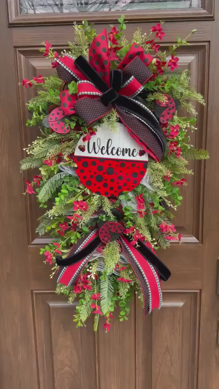 Ladybug Swag Wreath for Front Door, Spring Summer Wreath for Outdoor Porch or Indoor Office Wall Hanging, Summer Home Decor for Front Entry