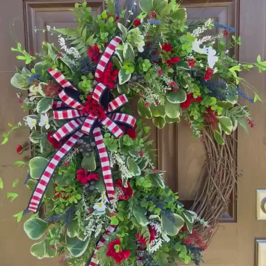 Patriotic Summer Wreath for Front Door, 4th of July Wreath, Red White Blue Floral Wreath, Americana Door Decor, Farmhouse Patriotic Wreath