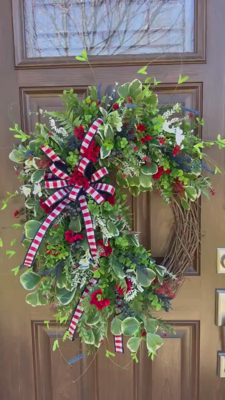 Patriotic Summer Wreath for Front Door, 4th of July Wreath, Red White Blue Floral Wreath, Americana Door Decor, Farmhouse Patriotic Wreath