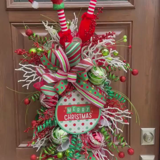 Elf Merry Christmas Swag Wreath for Front Door, Holiday Party Door Decor, Christmas Swag, Whimsical Holiday Door Hanger for Porch or Office