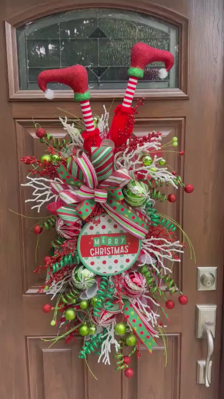 Elf Merry Christmas Swag Wreath for Front Door, Holiday Party Door Decor, Christmas Swag, Whimsical Holiday Door Hanger for Porch or Office