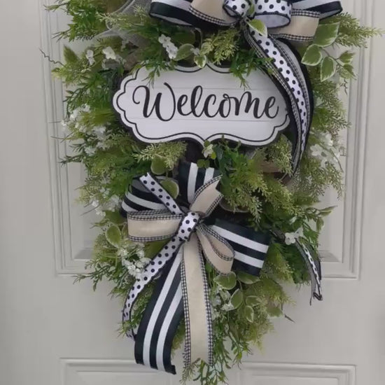 Neutral Welcome Wreath for Front Door, Everyday Home Decor for Outdoor Porch or Indoor Office Wall Hanging, Farmhouse Country Wall Hanger