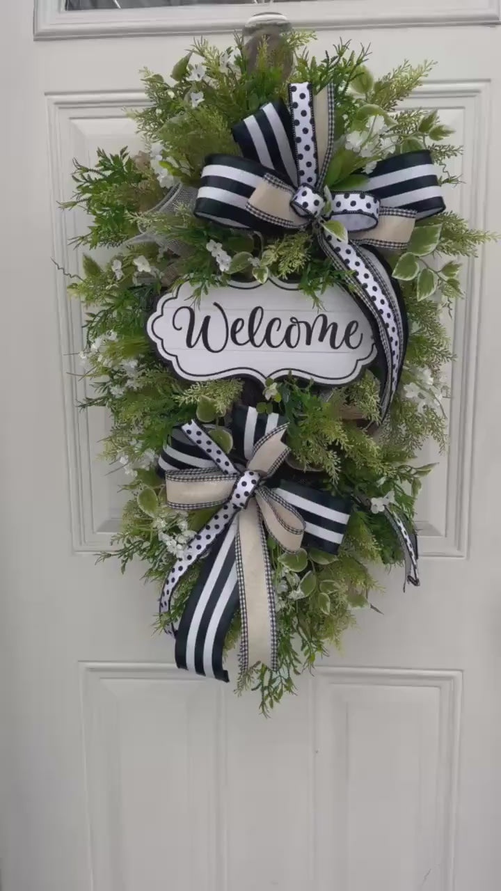 Neutral Welcome Wreath for Front Door, Everyday Home Decor for Outdoor Porch or Indoor Office Wall Hanging, Farmhouse Country Wall Hanger