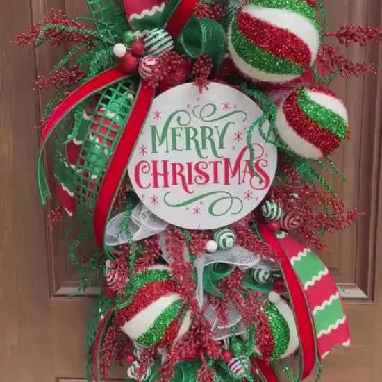 Whimsical Christmas Wreath, Red Green White Ornament Wreath, Merry Christmas Front Door Wreath, Large Holiday Wreath