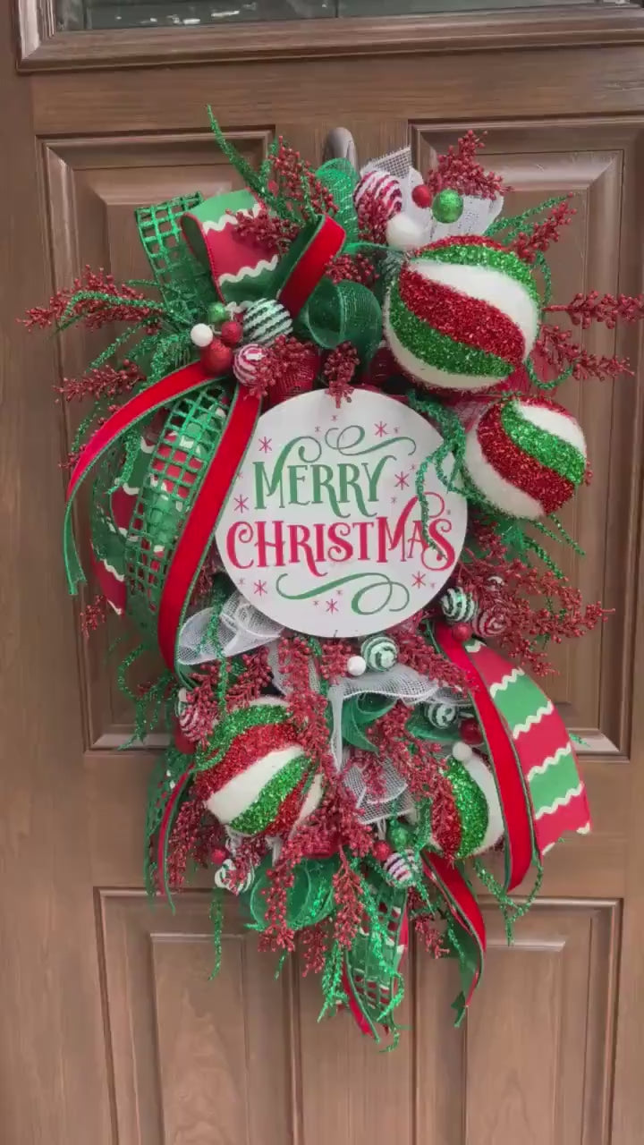 Whimsical Christmas Wreath, Red Green White Ornament Wreath, Merry Christmas Front Door Wreath, Large Holiday Wreath