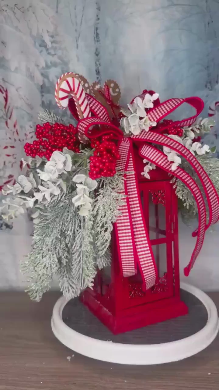 Gingerbread Lantern Table Arrangement, Christmas Centerpiece or Mantle Decor, Traditional Winter Greenery Office Decor