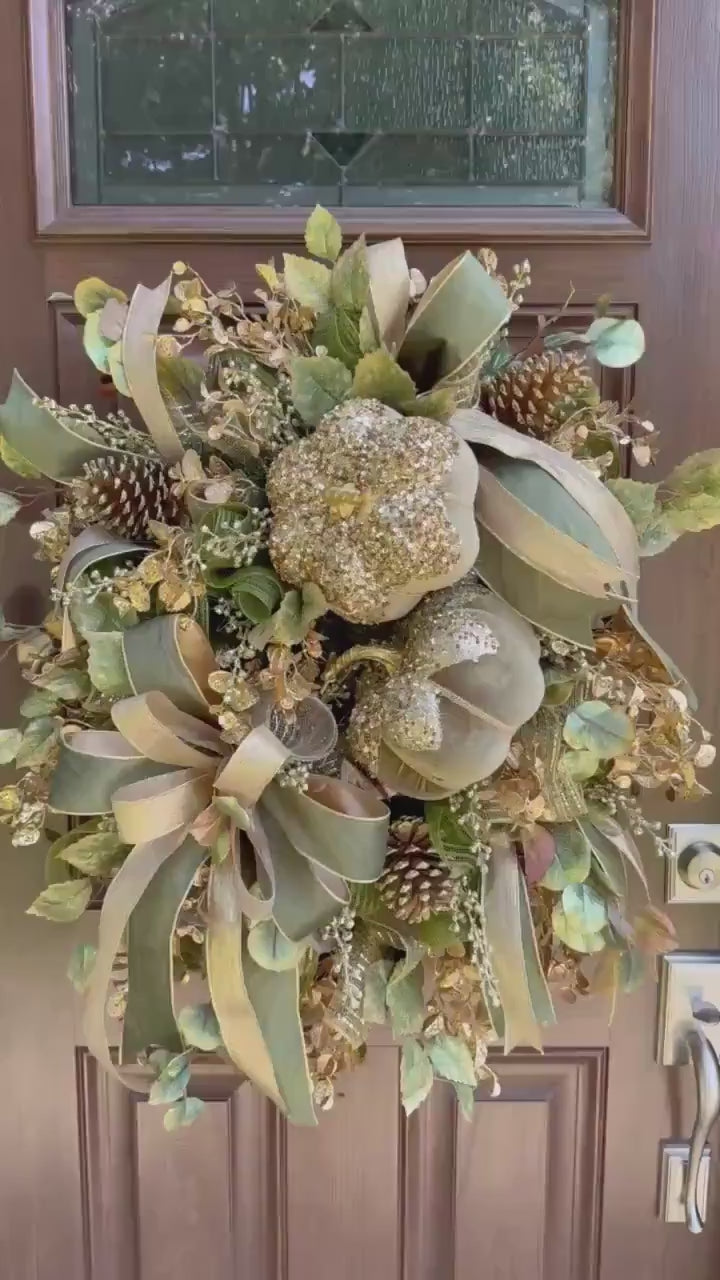 Glam Velvet Pumpkin Fall Swag Wreath for Front Door, Autumn Decor for Outdoor Porch or Indoor Office Wall Hanger, Elegant Pumpkin Decoration