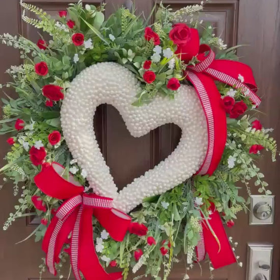 Heart Shaped Pearl Wreath with Red Roses, Spring Front Door Decor, Romantic Valentine Wreath, Floral Wreath for Wedding