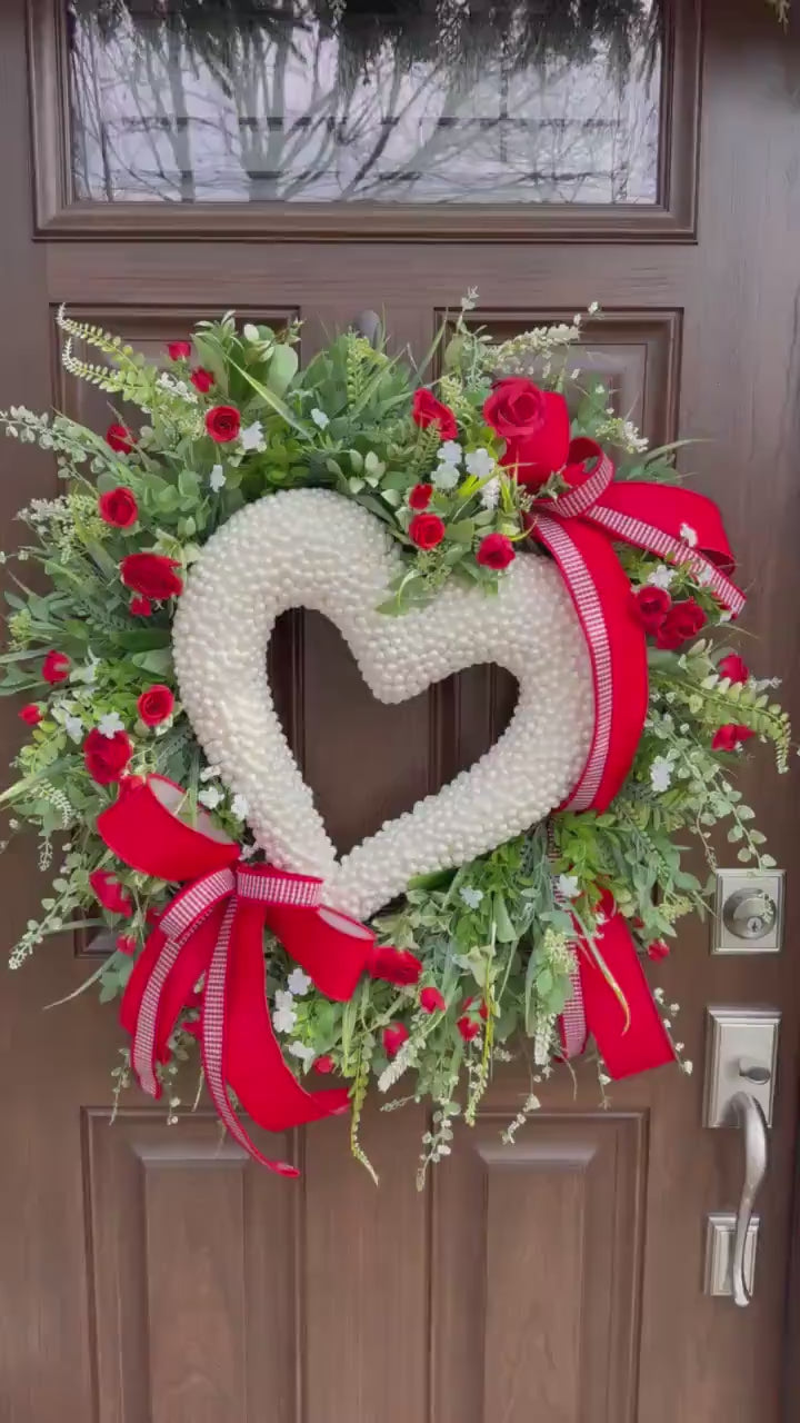 Heart Shaped Pearl Wreath with Red Roses, Spring Front Door Decor, Romantic Valentine Wreath, Floral Wreath for Wedding