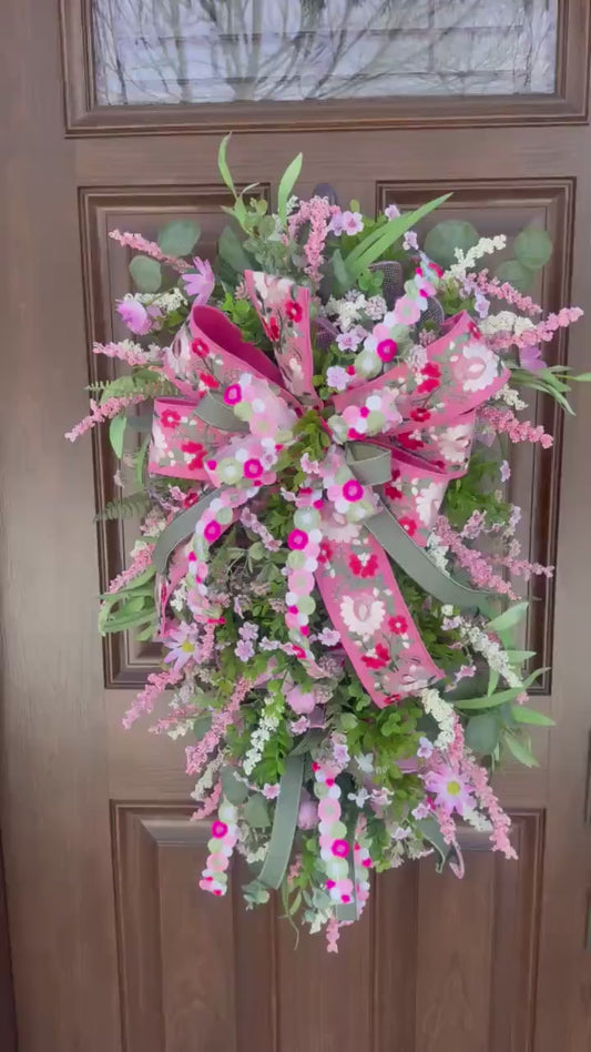 Pink Spring Wreath for Front Door, Large Floral Easter Wreath with Ribbon Bow, Garden Welcome Wreath, Mother’s Day Gift