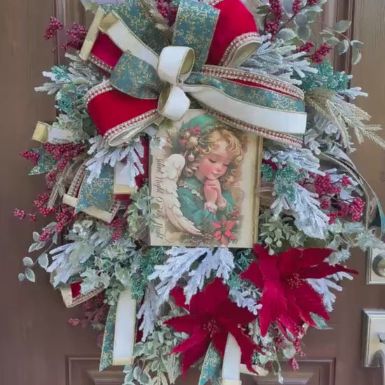 Victorian Angel Christmas Wreath for Front Door, Elegant Holiday Door Decor for Entryway, Traditional Winter Wall Art for Front Porch