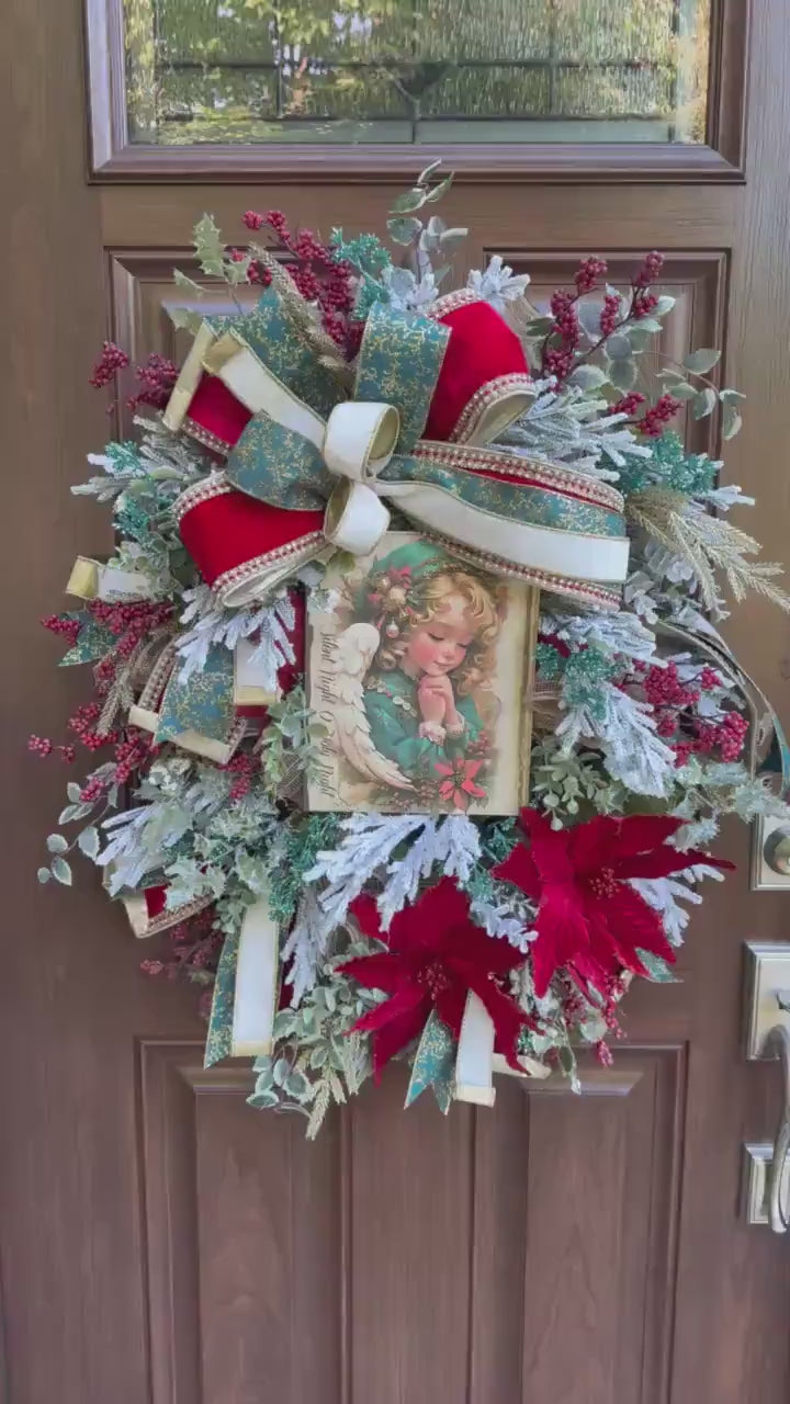 Victorian Angel Christmas Wreath for Front Door, Elegant Holiday Door Decor for Entryway, Traditional Winter Wall Art for Front Porch