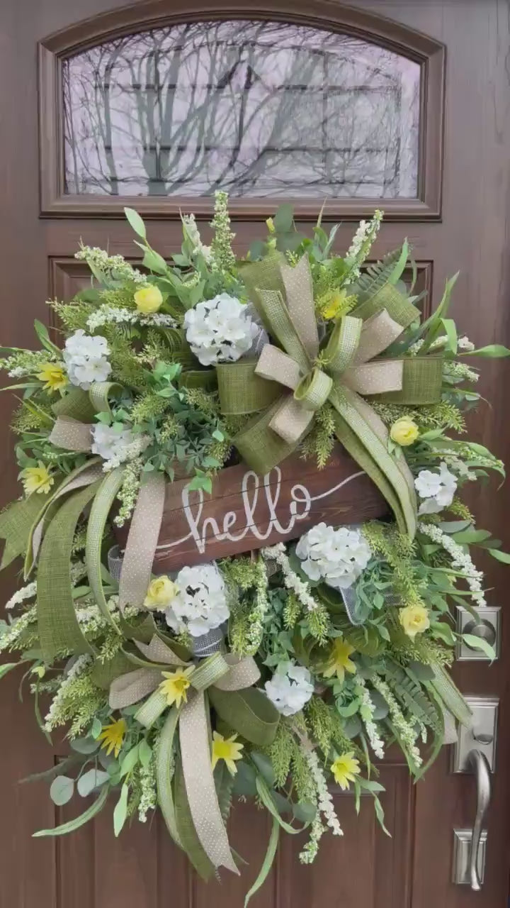 Spring Floral Wreath, Rustic Welcome Door Wreath, Greenery Hydrangea Wreath, Farmhouse Front Door Decor