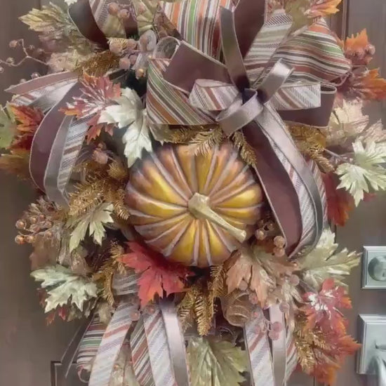 Copper Fall Pumpkin Wreath, XL Large Autumn Door Decor for Outdoor Porch or Indoor Office Wall Hanger, Fall Hostess Gift for Her