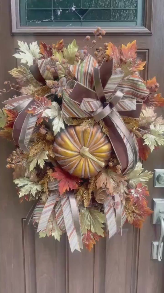 Copper Fall Pumpkin Wreath, XL Large Autumn Door Decor for Outdoor Porch or Indoor Office Wall Hanger, Fall Hostess Gift for Her