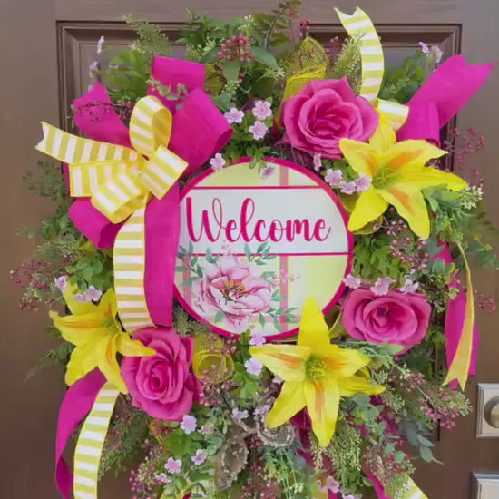 Pink and Yellow Spring Wreath, Floral Front Door Decor, Tropical Summer Door Hanger