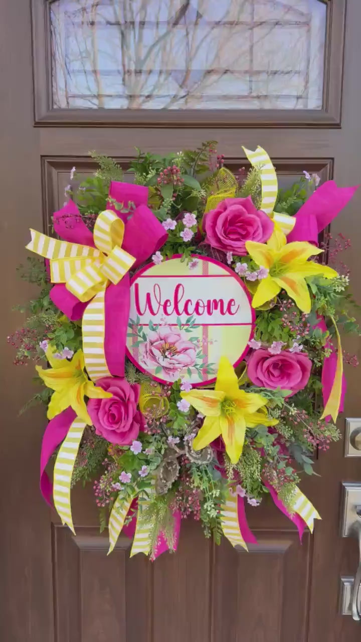 Pink and Yellow Spring Wreath, Floral Front Door Decor, Tropical Summer Door Hanger