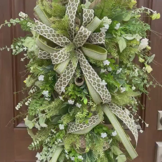 Spring Greenery Door Swag Wreath, Neutral Front Door Decor, Farmhouse Floral Wreath with Large Bow, Everyday Porch Decor