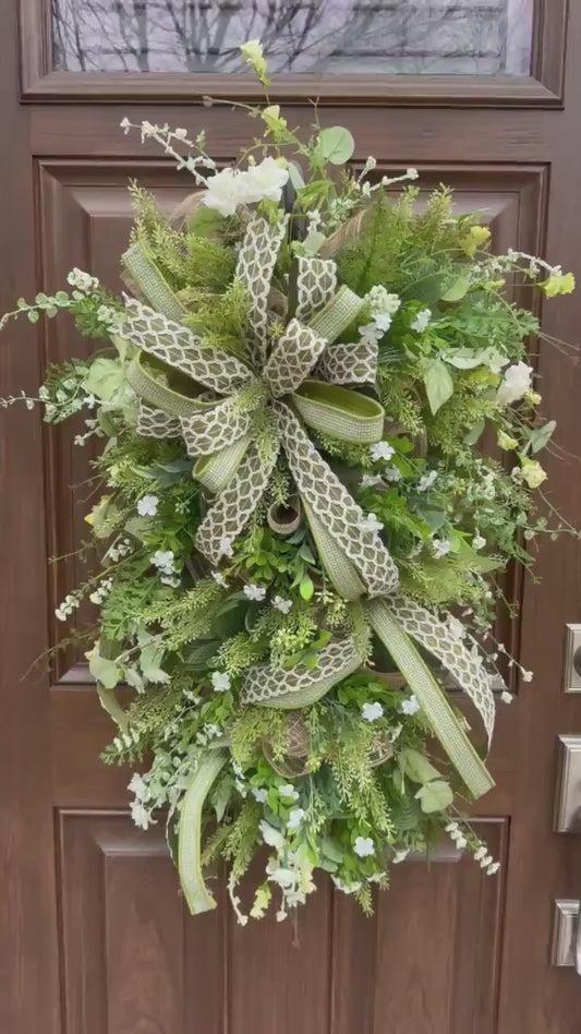 Spring Greenery Door Swag Wreath, Neutral Front Door Decor, Farmhouse Floral Wreath with Large Bow, Everyday Porch Decor