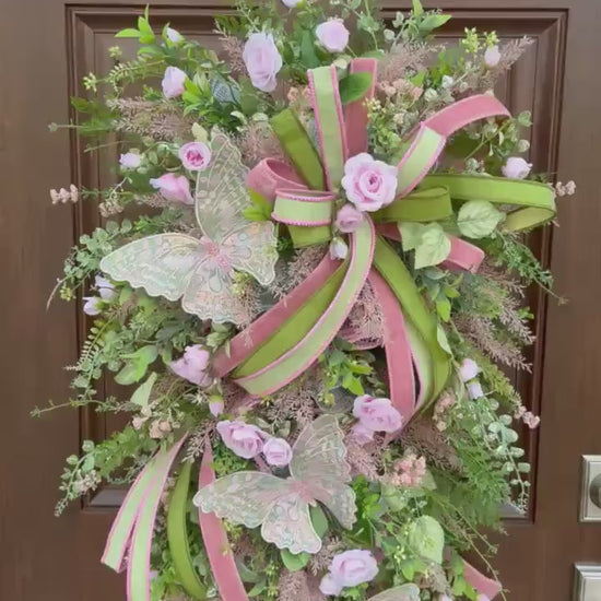 Pink and Green Butterfly Wreath, Spring Floral Swag, Romantic Rose Door Hanger, Garden Inspired Spring Home Decor