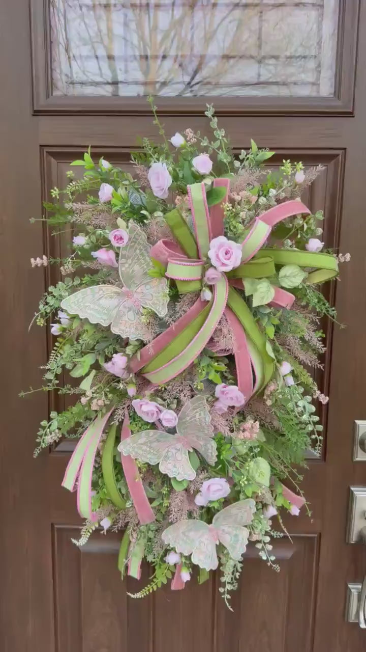 Pink and Green Butterfly Wreath, Spring Floral Swag, Romantic Rose Door Hanger, Garden Inspired Spring Home Decor