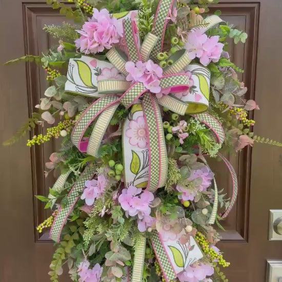Pink Hydrangea Teardrop Door Swag | Farmhouse Cottagecore Spring Summer Floral Entryway Decor with Ribbon Bow