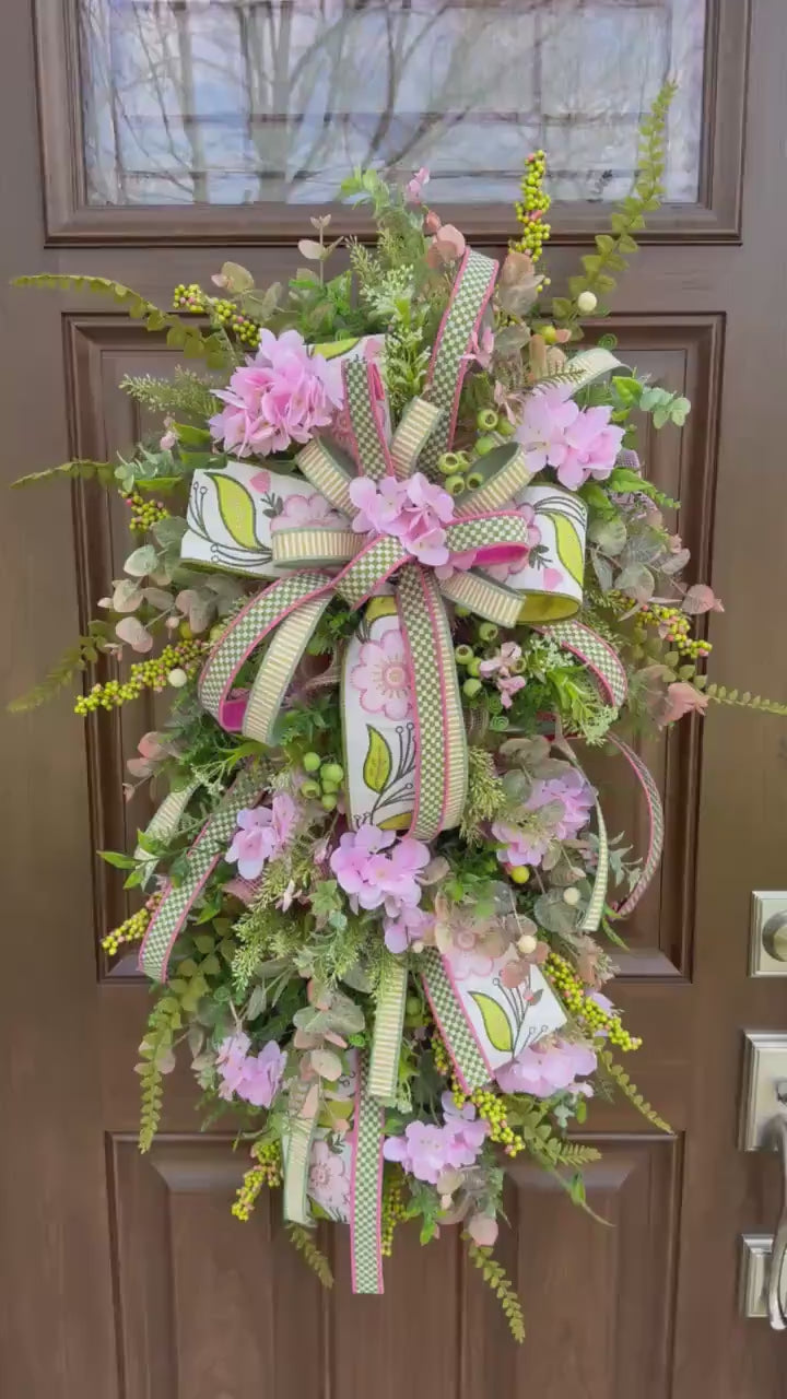 Pink Hydrangea Teardrop Door Swag | Farmhouse Cottagecore Spring Summer Floral Entryway Decor with Ribbon Bow
